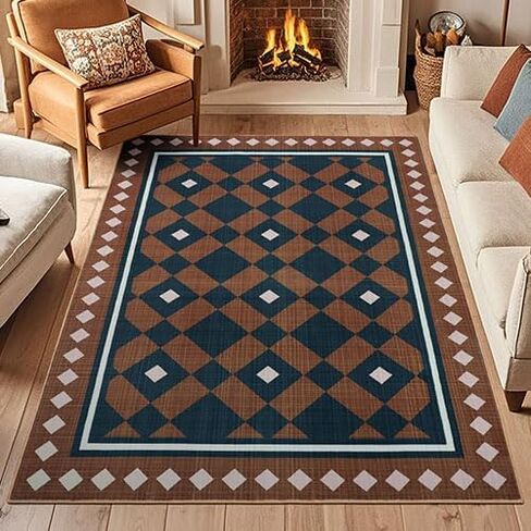 Boho Checkered Rug Runners for Hallway 2x6Ft Non Slip, Geometric Washable Kitchen Runner Rugs, Low Pile Plaid Bedroom Floor Throw Carpets for Entryway Laundry Bathroom, Brown/Navy in Saudi Arabia