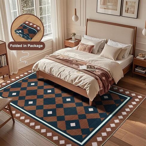 Boho Checkered Rug Runners for Hallway 2x6Ft Non Slip, Geometric Washable Kitchen Runner Rugs, Low Pile Plaid Bedroom Floor Throw Carpets for Entryway Laundry Bathroom, Brown/Navy in Saudi Arabia
