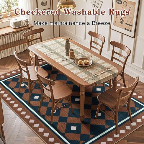 Boho Checkered Rug Runners for Hallway 2x6Ft Non Slip, Geometric Washable Kitchen Runner Rugs, Low Pile Plaid Bedroom Floor Throw Carpets for Entryway Laundry Bathroom, Brown/Navy in Saudi Arabia