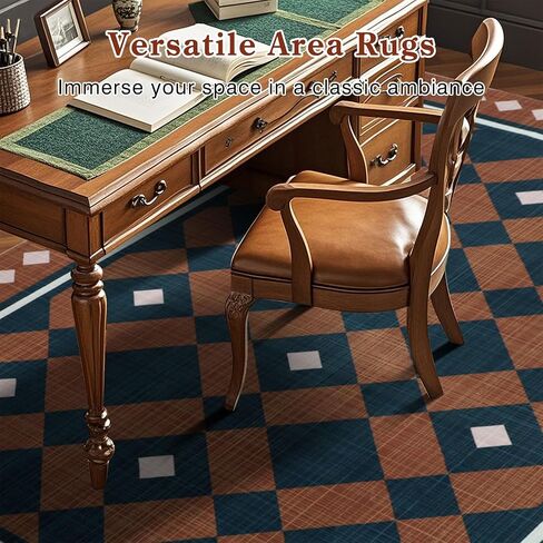 Boho Checkered Rug Runners for Hallway 2x6Ft Non Slip, Geometric Washable Kitchen Runner Rugs, Low Pile Plaid Bedroom Floor Throw Carpets for Entryway Laundry Bathroom, Brown/Navy in Saudi Arabia