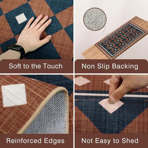 Boho Checkered Rug Runners for Hallway 2x6Ft Non Slip, Geometric Washable Kitchen Runner Rugs, Low Pile Plaid Bedroom Floor Throw Carpets for Entryway Laundry Bathroom, Brown/Navy in Saudi Arabia