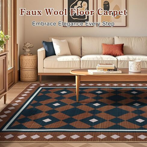Boho Checkered Rug Runners for Hallway 2x6Ft Non Slip, Geometric Washable Kitchen Runner Rugs, Low Pile Plaid Bedroom Floor Throw Carpets for Entryway Laundry Bathroom, Brown/Navy in Saudi Arabia