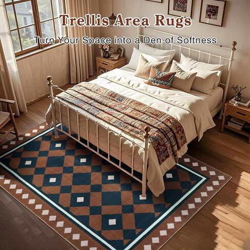 Boho Checkered Rug Runners for Hallway 2x6Ft Non Slip, Geometric Washable Kitchen Runner Rugs, Low Pile Plaid Bedroom Floor Throw Carpets for Entryway Laundry Bathroom, Brown/Navy in Saudi Arabia