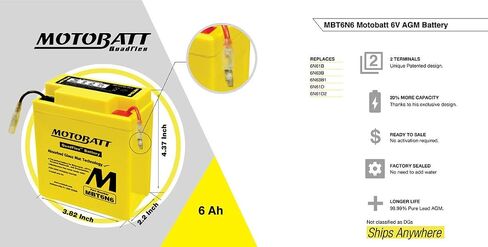 MOTOBATT MBT6N6 (6V 6 أمبير) AGM بطارية الدراجات النارية | 6 فولت محكم الإغلاق حمض البطارية استبدال الدراجات النارية | المصنع تنشيط الصيانة المجانية Quadflex Battery 6V القابلة لإعادة الشحن - يحل محل 6N6-3B in Saudi Arabia