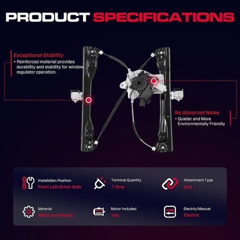 Front Driver Side Power Window Regulator (7 Pins) Fit for 2011-2015 Chevrolet Chevy Cruze, 2016 Chevy Cruze Limited, with Auto Up and Down, with Motor, 748-974, Front Left in Kuwait