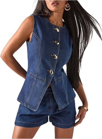 WDIRARA Women's Button Down Denim Vest Sleeveless Tank Top Jean Waistcoat with Metal Buckle in Saudi Arabia