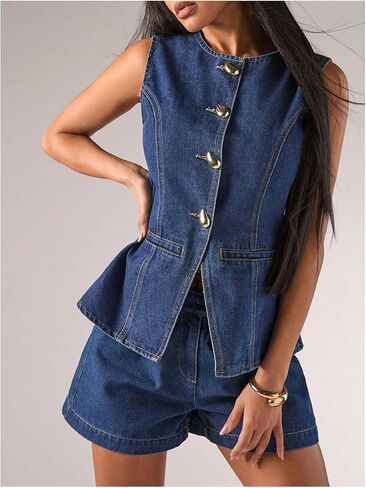 WDIRARA Women's Button Down Denim Vest Sleeveless Tank Top Jean Waistcoat with Metal Buckle in Saudi Arabia
