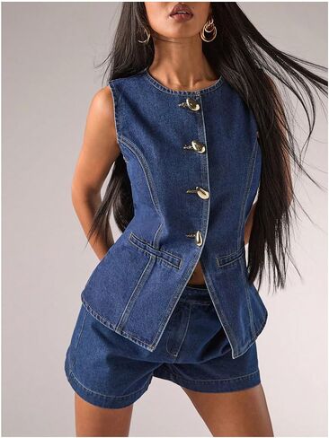 WDIRARA Women's Button Down Denim Vest Sleeveless Tank Top Jean Waistcoat with Metal Buckle in Saudi Arabia