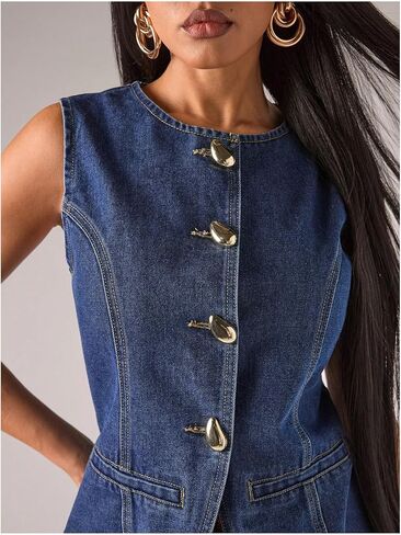 WDIRARA Women's Button Down Denim Vest Sleeveless Tank Top Jean Waistcoat with Metal Buckle in Saudi Arabia