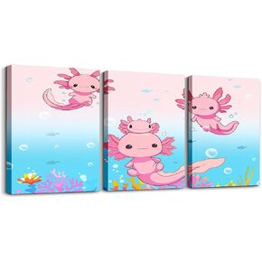 Feelyou Boys Girls Cute Axolotl Canvas Wall Art for Living Room Bedroom Ocean Sealife Wall Painting Posters and Prints Kids Kawaii Animal Picture Wall Decor Cartoon Bathroom Wall Art 12"x16"x 3Pcs in Kuwait