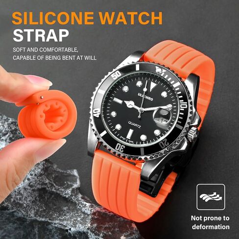 ULLCHRO SILICONE WATTER STRAP استبدال شريط ساعة مطاطية شريط مقاوم للماء - 14 ملم ، 16 مم ، 18 مم ، 20 مم ، 22 مم ، 24 ملم سوار الساق مع مشبك الفولاذ المقاوم للصدأ الأسود in Kuwait