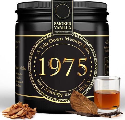 Birth Year Candle - 1975 Birthday Gifts for Men - Soy Candle 50th Birthday Gifts for Him, 50th Presents for Men - Smoked Vanilla & Sandalwood Scent, 8oz Reusable Jar, 40Hr Burn Time in Saudi Arabia