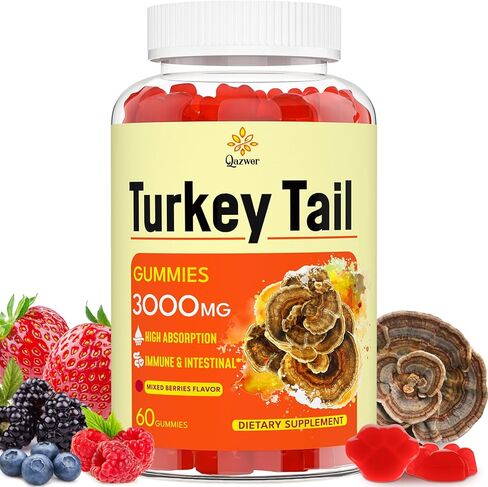 Turkey Tail Mushroom, Turkey Tail (100% Fruiting Body, 40% Beta Glucans) add Black Pepper, Mushroom Gummies for Gut, Energy, Brain & Immune Support, Mixed Berries Flavor | Vegan, Non-GMO, 60ct in Saudi Arabia