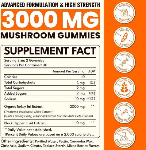Turkey Tail Mushroom, Turkey Tail (100% Fruiting Body, 40% Beta Glucans) add Black Pepper, Mushroom Gummies for Gut, Energy, Brain & Immune Support, Mixed Berries Flavor | Vegan, Non-GMO, 60ct in Saudi Arabia
