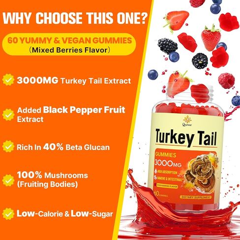 Turkey Tail Mushroom, Turkey Tail (100% Fruiting Body, 40% Beta Glucans) add Black Pepper, Mushroom Gummies for Gut, Energy, Brain & Immune Support, Mixed Berries Flavor | Vegan, Non-GMO, 60ct in Saudi Arabia