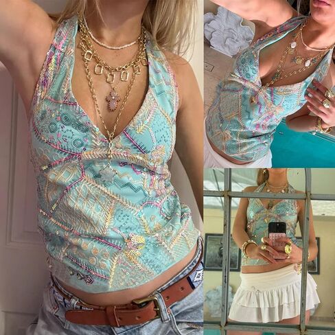 Women Y2k Sequin Beaded Halter Tank Top Sparkly Sleeveless Backless Going Out Tops Rave Clubwear in Saudi Arabia