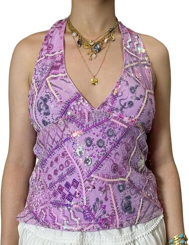 Women Y2k Sequin Beaded Halter Tank Top Sparkly Sleeveless Backless Going Out Tops Rave Clubwear in Saudi Arabia