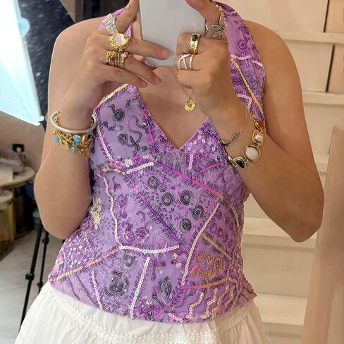 Women Y2k Sequin Beaded Halter Tank Top Sparkly Sleeveless Backless Going Out Tops Rave Clubwear in Saudi Arabia