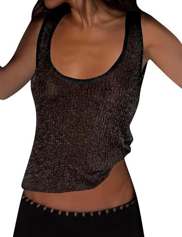 Women Sexy Fishnet Knit Glittering Scoop Neck Crop Tank Going Out Top Sheer Mesh Solid Slim Cropped Vest Cami Tops in Saudi Arabia