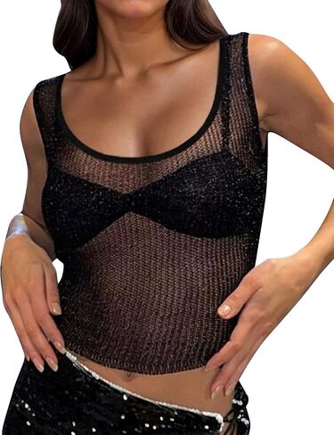 Women Sexy Fishnet Knit Glittering Scoop Neck Crop Tank Going Out Top Sheer Mesh Solid Slim Cropped Vest Cami Tops in Saudi Arabia