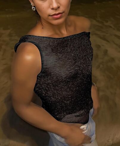Women Sexy Fishnet Knit Glittering Scoop Neck Crop Tank Going Out Top Sheer Mesh Solid Slim Cropped Vest Cami Tops in Saudi Arabia