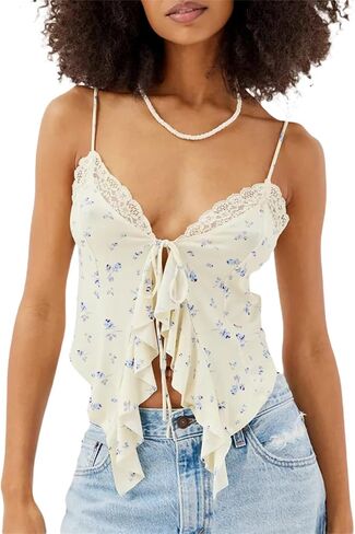 RUEWEY Women's Summer Tie Up Camisole Tops Lace Sleeveless V Neck Irregular Ruffle Bustier Tops Crop Tops in Saudi Arabia