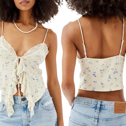 RUEWEY Women's Summer Tie Up Camisole Tops Lace Sleeveless V Neck Irregular Ruffle Bustier Tops Crop Tops in Saudi Arabia