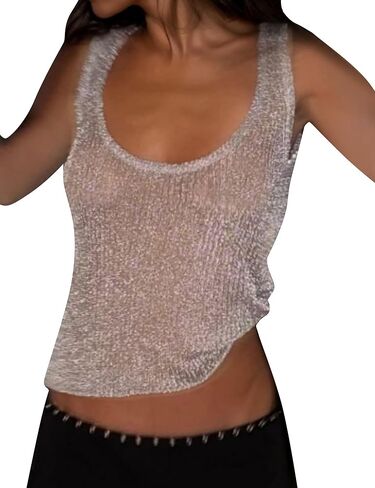 Women Sexy Fishnet Knit Glittering Scoop Neck Crop Tank Going Out Top Sheer Mesh Solid Slim Cropped Vest Cami Tops in Saudi Arabia