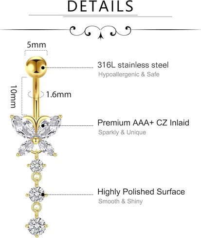 D.Bella Belly Rings for Women Belly Button Piercing Clicker Belly Button Ring Belly Button Rings Dangling 14G Surgical Steel CZ Butterfly Dangle Belly Piercing Jewelry Silver Rose Gold in Kuwait