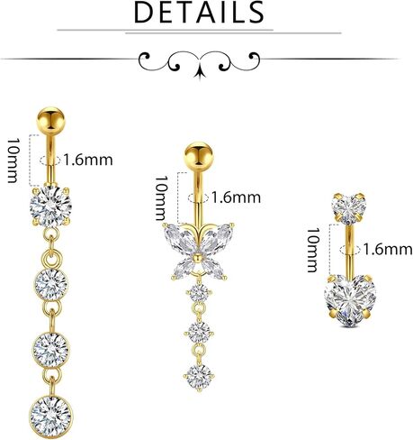 D.Bella Belly Rings for Women Belly Button Piercing Clicker Belly Button Ring Belly Button Rings Dangling 14G Surgical Steel CZ Butterfly Dangle Belly Piercing Jewelry Silver Rose Gold in Kuwait