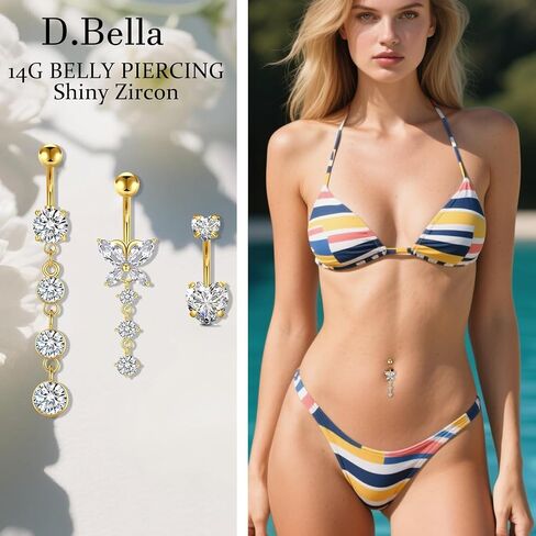 D.Bella Belly Rings for Women Belly Button Piercing Clicker Belly Button Ring Belly Button Rings Dangling 14G Surgical Steel CZ Butterfly Dangle Belly Piercing Jewelry Silver Rose Gold in Kuwait