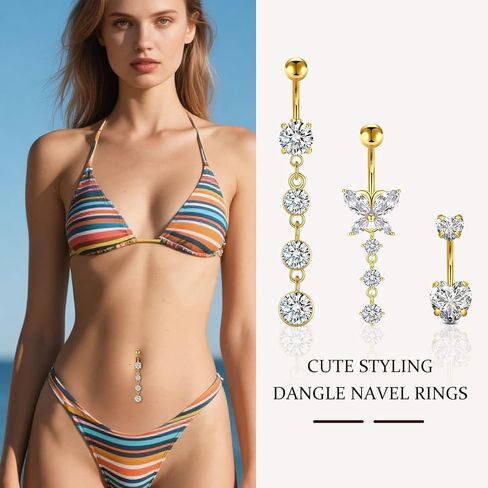 D.Bella Belly Rings for Women Belly Button Piercing Clicker Belly Button Ring Belly Button Rings Dangling 14G Surgical Steel CZ Butterfly Dangle Belly Piercing Jewelry Silver Rose Gold in Kuwait