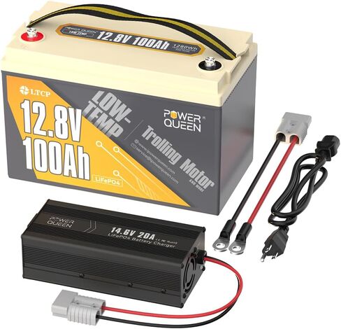 Power Queen 12.8V 100AH بطارية LifePo4 منخفضة الإيقاع مع شاحن 12v20a ، وحماية منخفضة درجة الحرارة ، ومدمج 100A BMS ، وخلية بطارية من الدرجة A ، ما يصل إلى 15000+ دورة ، مثالية للمحرك المتصيد ، البحرية ، RV in Kuwait