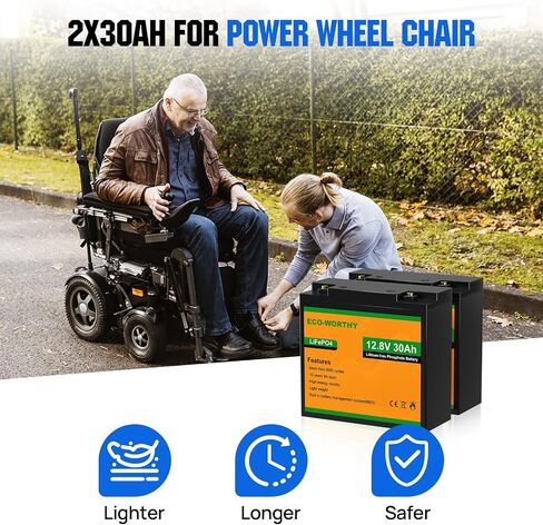 ECO-WORTHY 2 Pack 12V 30Ah LiFePO4 Lithium Battery for Mobility Scooter, Power Wheels, Wheel Chair, 3000+ Deep Cycle Rechargeable Battery in Saudi Arabia