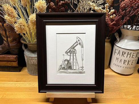 Oilfield Pumpjack Oil Pump Jack Graphite Pencil Art Sketch Drawing Print Picture Limited Edition ~ Titled 'Very Crude' by David Allen (8x10 Brown Frame & Print) in Saudi Arabia