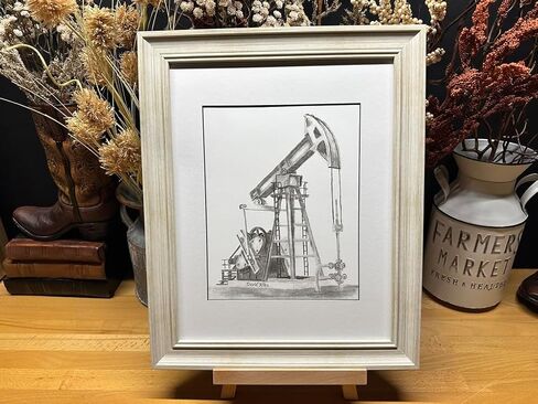 Oilfield Pumpjack Oil Pump Jack Graphite Pencil Art Sketch Drawing Print Picture Limited Edition ~ Titled 'Very Crude' by David Allen (8x10 Brown Frame & Print) in Saudi Arabia