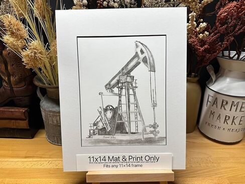 Oilfield Pumpjack Oil Pump Jack Graphite Pencil Art Sketch Drawing Print Picture Limited Edition ~ Titled 'Very Crude' by David Allen (8x10 Brown Frame & Print) in Saudi Arabia