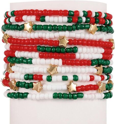 Pingyongchang Cute Xmas Beads Bracelets Set Red Green White Boho Stackable Adjustable Multi Layer Bangle Bracelet for Women Men as Christmas Party Vacation Friendship Gifts-12pcs in Saudi Arabia
