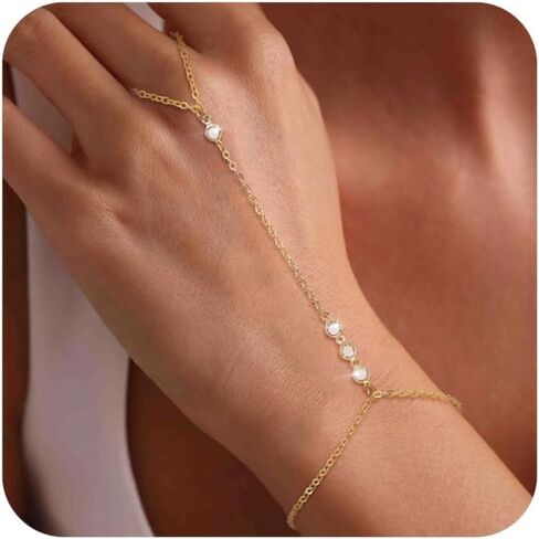 14K Gold Hand Chain Bracelet for Women Trendy Gold Plated Finger Ring Bracelet Adjustable Link Hand Chain Bracelets CZ Bead Link Bracelet Jewelry in Saudi Arabia