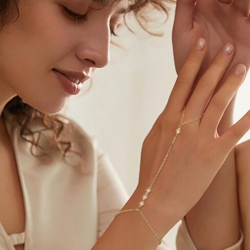 14K Gold Hand Chain Bracelet for Women Trendy Gold Plated Finger Ring Bracelet Adjustable Link Hand Chain Bracelets CZ Bead Link Bracelet Jewelry in Saudi Arabia