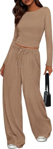 Prettygarden Women's 2 قطعة صالة مجموعات 2025 Fall Fashion Long Sleeve Crop Top Wide Leg Lusts مجموعات الملابس in Saudi Arabia