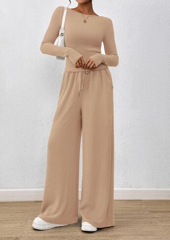 Prettygarden Women's 2 قطعة صالة مجموعات 2025 Fall Fashion Long Sleeve Crop Top Wide Leg Lusts مجموعات الملابس in Saudi Arabia