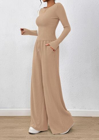 Prettygarden Women's 2 قطعة صالة مجموعات 2025 Fall Fashion Long Sleeve Crop Top Wide Leg Lusts مجموعات الملابس in Saudi Arabia