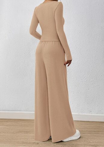 Prettygarden Women's 2 قطعة صالة مجموعات 2025 Fall Fashion Long Sleeve Crop Top Wide Leg Lusts مجموعات الملابس in Saudi Arabia