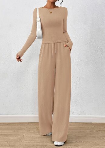Prettygarden Women's 2 قطعة صالة مجموعات 2025 Fall Fashion Long Sleeve Crop Top Wide Leg Lusts مجموعات الملابس in Saudi Arabia