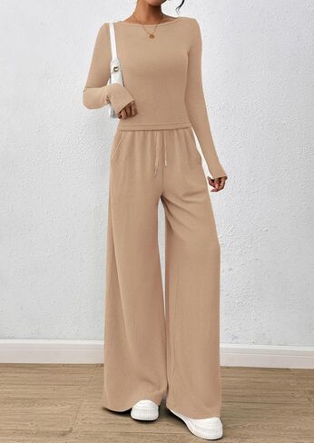 Prettygarden Women's 2 قطعة صالة مجموعات 2025 Fall Fashion Long Sleeve Crop Top Wide Leg Lusts مجموعات الملابس in Saudi Arabia