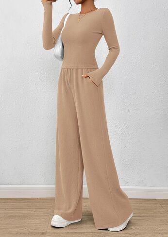 Prettygarden Women's 2 قطعة صالة مجموعات 2025 Fall Fashion Long Sleeve Crop Top Wide Leg Lusts مجموعات الملابس in Saudi Arabia