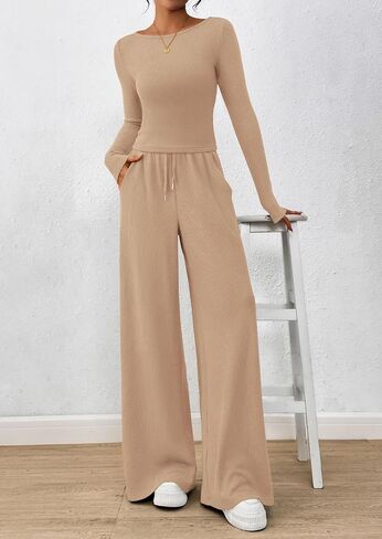 Prettygarden Women's 2 قطعة صالة مجموعات 2025 Fall Fashion Long Sleeve Crop Top Wide Leg Lusts مجموعات الملابس in Saudi Arabia