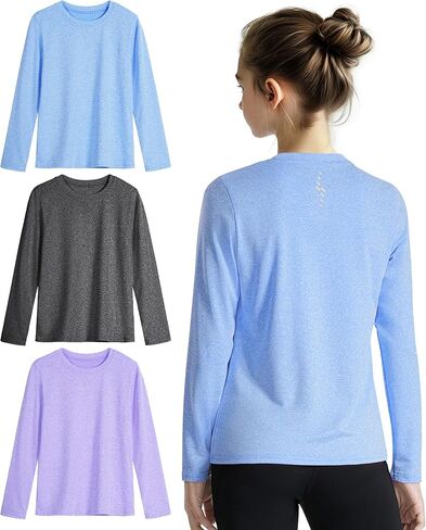 قمصان Auranso للفتيات بأكمام طويلة مكونة من 3 قمصان رياضية سريعة الجفاف للفتيات in Kuwait