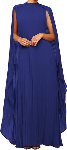 Seltaon Women's Chiffon Pleated Flowy Maxi Dresses Cape Sleeve Pleated Cocktail Evening Party Dress in Saudi Arabia